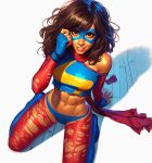 1girl abs ai_edit ai_generated athletic_female boots brown_eyes brown_hair brown_skin dark-skinned_female exposed_shoulders eyemask gloves grin kamala_khan long_hair looking_at_viewer marvel marvel_comics midriff ms._marvel muslim_female pakistani_female panties scarf shadow smile stockings superheroine torn_clothes torn_legwear torn_thighhighs