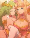  2_girls alluring big_breasts blonde_hair blue_eyes bow_tie bunny_ears bunny_tail circlet detached_collar earrings fake_animal_ears fake_tail goddess green_eyes green_hair kid_icarus kid_icarus_uprising leotard long_hair looking_at_viewer milf nintendo omiza_somi palutena pink_leotard playboy_bunny princess_zelda stockings the_legend_of_zelda triforce triforce_earrings white_leotard 