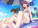  1boy 1girl amamiya_momona arm_support barefoot beach beach_umbrella bikini blue_eyes breasts brown_hair cleavage cloud couple feet female foreshortening game_cg hair_over_eyes happoubi_jin ichijo_daisuke long_hair open_mouth palm_tree polka_dot polka_dot_bikini polka_dot_swimsuit pov_feet resort_boin short_hair side-tie_bikini sideboob sitting sky soles strap_gap swimsuit toes tree underboob 