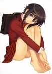 1girl bamboo_blade barefoot black_hair blazer blush feet female female_only hands_clasped head_tilt highres kawazoe_tamaki leg_hug panties pantyshot pantyshot_sitting plaid pleated_skirt purple_eyes scan school_bag school_uniform short_hair sitting skirt solo taka_tony takayuki_tanaka tanaka_takayuki thighs tony_taka underwear white_panties