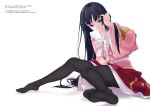 1girl black_hair black_legwear blush feet female houraisan_kaguya long_hair long_sleeves no_shoes pantyhose purple_eyes rokuwata_tomoe sitting smile smirk soles solo toes touhou wide_sleeves