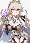 1girl 1girl alluring big_breasts breasts brooch cape cleavage commentary_request corrin_(fire_emblem) corrin_(fire_emblem)_(female) cowboy_shot crown dragonstone fire_emblem fire_emblem_fates fire_emblem_heroes grey_background grey_hair high_res jewelry long_hair nintendo official_alternate_costume peach11_01 pointy_ears red_eyes simple_background standing thighs very_long_hair white_cape