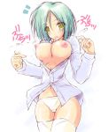  aqua_hair blush breasts cleavage erect_nipples female green_eyes hayate_no_gotoku! hayate_the_combat_butler katsura_yukiji large_breasts nipples no_bra open_clothes open_mouth open_shirt panties ruschuto shirt thighhighs underwear wardrobe_malfunction white_background white_panties yellow_eyes yukiji_katsura 