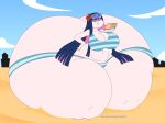  1girl ass_expansion beach big_belly big_breasts bikini cake cake_(food) chubby chubby_female comical_weapon eating goth goth_girl huge_ass panty_&amp;amp;_stocking_with_garterbelt stocking_(psg) thick_thighs weight_gain 