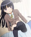 1girl black_hair black_legwear blush edogawakid feet female foreshortening gokou_ruri hime_cut kneehighs long_hair mole no_shoes open_mouth ore_no_imouto_ga_konna_ni_kawaii_wake_ga_nai pov_feet purple_eyes school_uniform sitting smile socks soles solo toe-point toe_scrunch toes