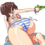  1girl all_fours ass back bikini brown_hair curvy dd_(ijigendd) female female_only huge_ass original pov_ass side-tie_bikini solo_female string_bikini striped striped_bikini striped_swimsuit swimsuit thick_thighs thighs water_gun 