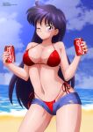  1girl absurd_res alluring beach big_breasts bikini bishoujo_senshi_sailor_moon black_hair blue_shorts blush brand_name_imitation can cleavage cloud coca-cola collarbone cutoffs denim denim_shorts drink drink_can earrings high_res highleg highleg_bikini hino_rei jewelry long_hair looking_at_viewer nail_polish navel ocean one_eye_closed open_clothes open_fly open_shorts purple_eyes red_bikini sailor_venus sand short_shorts shorts side-tie_bikini_bottom sky smile soda soda_can swimsuit toei_animation torn_clothes torn_shorts water wink zel-sama 