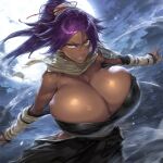  ai_generated bleach brown_skin gigantic_breasts plusmolfa ponytail purple_hair shihouin_yoruichi stable_diffusion yellow_eyes yoruichi_shihouin 