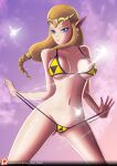  1girl alluring big_breasts bikini black_bikini blonde_hair blue_eyes braid breasts fairy high_res long_hair looking_at_viewer navel navi navi_(the_legend_of_zelda) nintendo pointy_ears princess_zelda super_smash_bros_melee swimsuit tatl the_legend_of_zelda the_legend_of_zelda:_ocarina_of_time twin_braids zelc-face 