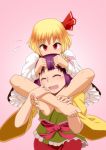  2girls barefoot blonde_hair blush carrying feet female flower flying_sweatdrops hair_flower hair_ornament hair_ribbon hands_on_feet hieda_no_akyuu highres iromeki_overdrive japanese_clothes multiple_girls open_mouth purple_hair red_eyes ribbon rumia short_hair shoulder_carry soles toenails toes touhou 