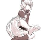  1girl barefoot bow dress feet female footwear foreshortening hair_bow kuro_suto_sukii kurodani_yamame leg_up monochrome pov_feet short_hair single_shoe single_sock socks soles solo toes touhou 