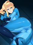 ass blonde_hair blue_eyes blush bodysuit breasts cameltoe female highres large_breasts long_hair metroid mole ponytail samus_aran skin_tight solid_air solo zero_suit zero_suit_samus