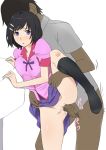  bent_over black_hair blush bottomless erection female hair_ornament hairclip hanekawa_tsubasa ichihisa leg_lift monogatari_(series) motion_blur no_panties penis purple_eyes pussy school_uniform sex short_hair skirt skirt_lift socks standing testicles text uncensored vaginal veins 