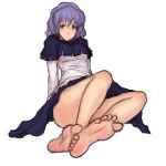 1girl arm_support barefoot feet female foreshortening headwear_removed highres kumoi_ichirin kuro_suto_sukii pov_feet purple_eyes purple_hair sitting soles solo toes touhou