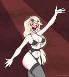  1girl 1girl blonde_hair bra breasts charlie_morningstar_(hazbin_hotel) cleavage demon_girl grin happy hazbin_hotel legs lingerie medium_breasts navel panties red_cheeks red_eyes sideboob simple_background smile standing stockings stockings thighs twitter under_boob voidbee 