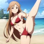  1girl alluring asuna_(sao) auburn_hair bare_legs beach bikini brown_eyes cleavage high_kick kick kicking long_hair medium_breasts ocean sword_art_online syun 