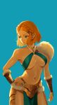 1girl alluring aqua_eyes big_breasts blonde_hair bocas_top hairclip hand_on_hip hylian_ears loincloth pointy_ears princess_zelda shizuko_hideyoshi short_hair the_legend_of_zelda the_legend_of_zelda:_tears_of_the_kingdom unconvincing_armor under_boob vambraces zelda_(tears_of_the_kingdom)