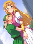 blonde_hair blue_eyes blush boris_(noborhys) breasts closed_eyes cum cum_drip cum_shot earring face_between_breasts handjob hug jewelry link penis pink_dress princess_zelda size_difference smile super_smash_bros. the_legend_of_zelda