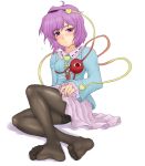  1girl blush eyes feet female hairband heart highres komeiji_satori kuro_suto_sukii legs panties panties_under_pantyhose pantyhose purple_eyes purple_hair short_hair solo sweat toes touhou underwear violet_eyes 