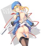  1girl anal_beads arc_system_works ass bare_shoulders beret blazblue blonde_hair blush breasts detached_sleeves dual_wielding female gloves green_eyes gun hat larasuke looking_back nipple_piercing nipples no_panties noel_vermillion piercing pussy_juice revision tears thighhighs vibrator weapon 