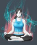  1girl aura barefoot black_hair capri_pants crossed_legs female highres indian_style legs_crossed long_hair lotus_position meditation midriff navel pants ponytail sitougara sitting spandex tank_top trainer_(wii_fit) white_skin wii_fit wii_fit_trainer yoga 