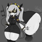  1girl ass_focus big_ass female_only grey_background j_(murder_drones) josebonn lemonhope_(artist) murder_drones robot simple_background socks solo_female stockings suit sweat tail thick_thighs white_hair yellow_eyes 