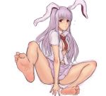  1girl animal_ears bare_legs barefoot bunny_ears dress_shirt erect_nipples feet feet_in_water female foreshortening kuro_suto_sukii necktie no_bra open_clothes open_shirt pink_hair pov_feet red_eyes red_necktie reisen_udongein_inaba shirt sitting skirt soaking_feet soles solo tears toe_scrunch toes touhou water 