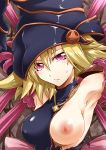 1girl armpits arms_up blonde_hair breast_slip breasts bust cross duel_monster female gagaga_girl hair hat headgear jewelry necklace nipples nude one_breast_out pink_eyes segami_daisuke solo sweatdrop torn_clothes upper_body wizard_hat yu-gi-oh! yuu-gi-ou yuu-gi-ou_zexal