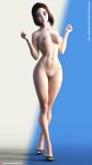 1girl 3d blue_eyes blush brown_hair female_only medium_breasts nude nude_female open_toe_shoes patreon_username samsung_sam shoes shoes_only simple_background slushe_(website) solo_female soulartmatter standing two-tone_background