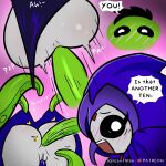 1boy 1girl anal animal_boy anus asliceofalan beast_boy big_ass black_eyes blush couple dc_comics english_text female garfield_logan green_hair green_skin male medium_breasts octopus purple_hair pussy rachel_roth raven_(dc) speech_bubble tagme teen_titans tentacle tentacle_in_ass tentacle_penetration thick_thighs thighs uncensored