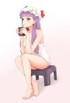 1girl alternate_costume bangs bare_shoulders barefoot blunt_bangs blush breasts chair cleavage crescent cup feet female hat highres legs long_hair mug naoki_noritaka parted_lips patchouli_knowledge purple_eyes purple_hair sitting solo toes touhou