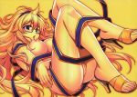  1girl absurdres ass big_breasts black_eyes blonde_hair blush breasts feet female freezing_(series) glasses hairband high_heels highres kim_kwang-hyun legs long_hair looking_down nipples nude nude_filter open_mouth open_shoes pussy sandals satellizer_el_bridget simple_background solo soo-hyon_lee thighs third-party_edit toes uncensored yellow_background 