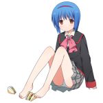  1girl barefoot blue_hair bow brown_eyes feet female hairband jiang-ge little_busters! nishizono_mio panties pantyshot pantyshot_(sitting) pink_bow sandwich school_uniform short_hair sitting toes underwear 