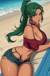  ai_generated beach bikini candy_ai catarina_pagac corset_top laying_down looking_at_viewer short_jeans 