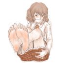 1girl ascot bare_legs barefoot blush checkered checkered_skirt covering_mouth feet female kazami_yuuka kuro_suto_sukii long_sleeves long_toenails outstretched_foot pov_feet red_eyes rough shirt simple_background sketch skirt soles solo toenails toes touhou white_background