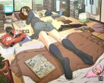  1girl bonsai brown_hair car computer feet female footwear foreshortening glasses gun kneehighs laptop lying motor_vehicle on_stomach original panties revolver school_uniform serafuku short_hair shotgun socks solo underwear vehicle weapon yasumori_zen 