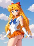  1girl ai_generated ass bishoujo_senshi_sailor_moon blonde_hair blue_eyes cloud cloudy_sky female_focus gloves long_hair looking_at_viewer miniskirt older older_female ribbon sailor_collar sailor_senshi_uniform sailor_shirt sailor_venus shirt skirt sky small_breasts smile tiara young_adult young_adult_female young_adult_woman 