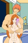 1boy 1girl abs athletic_female athletic_male bare_legs big_breasts bleach canon_couple completely_nude female_abs fit_female fit_male hands_covering_breasts inoue_orihime kurosaki_ichigo kurosaki_orihime nude nude_selfie orange_eyes orange_hair phone pussy rin_laurent selfpic