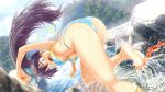 1girl aqua_eyes ass barefoot bikini black_hair breasts cloud crab dara fang feet female ganaha_hibiki idolmaster lake light_rays long_hair open_mouth ponytail rock sky soles solo spread_toes sunbeam sunlight swimsuit tears toes tree underboob wardrobe_malfunction water