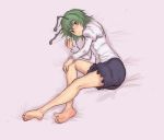 1girl antennae bare_legs barefoot face feet female green_eyes green_hair kuro_suto_sukii legs lying on_side short_hair shorts soles solo toes touhou wriggle_nightbug