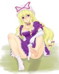  1girl barefoot blonde_hair breasts elbow_gloves feet female footwear gloves hat highres kuro_suto_sukii long_hair one_sock purple_eyes single_sock sock_pull socks soles solo toe-point toes touhou violet_eyes white_gloves white_legwear yakumo_yukari 