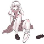  1girl alice_margatroid blush capelet dress feet female footwear hairband highres kuro_suto_sukii monochrome shoes short_hair single_shoe sitting socks solo touhou 