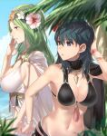  2_girls alluring bare_arms bare_shoulders big_breasts bikini black_bikini black_swimsuit blue_eyes byleth_(fire_emblem) byleth_(fire_emblem)_(female) byleth_(fire_emblem)_(female)_(summer) cleavage female_only fire_emblem fire_emblem:_three_houses fire_emblem_heroes flower_in_hair green_eyes green_hair haru_(nakajou-28) harunn2288 long_hair midriff official_alternate_costume rhea_(fire_emblem) rhea_(summer)_(fire_emblem) sweat swimsuit teal_hair wet wet_body white_bikini white_swimsuit 