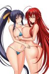 ahoge ass bikini blue_bikini blue_eyes blue_hair blush breast_press breasts cleavage female gigantic_breasts hair_ribbon high_school_dxd himejima_akeno huge_breasts long_hair looking_at_viewer metalbolic micro_bikini multiple_girls navel ponytail purple_eyes red_bikini red_hair rias_gremory ribbon simple_background smile standing swimsuit symmetrical_docking thong_bikini very_long_hair white_background