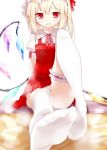 1girl absurdres blonde_hair blush feet flandre_scarlet hat highres kotatsu legs non-web_source oouso oouso_(usotsukiya) panties pantyshot pillow red_eyes scan short_hair side_ponytail sitting skindentation slit_pupils solo sweat table thighhighs touhou underwear white_legwear white_panties wings