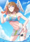 1girl alluring bare_legs big_breasts bikini blue_eyes brown_hair cleavage eunie_(xenoblade) legs nintendo pareo water_gun wet xenoblade_(series) xenoblade_chronicles_3 ノン