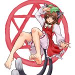  1girl animal_ears barefoot brown_eyes brown_hair cat_ears cat_tail chen earrings feet female hat hexagram highres jewelry kuro_suto_sukii pov_feet short_hair soles solo tail toenails toes touhou 