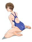 1girl barefoot brown_eyes brown_hair competition_swimsuit feet female highres looking_back one-piece_swimsuit original short_hair sitting smile soles solo swimsuit toes tsutsumi_keisuke