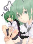  1girl antennae barefoot cape feet female green_eyes green_hair hands hands_on_feet highres kuro_suto_sukii pants short_hair sitting solo toe_scrunch toes touhou wriggle_nightbug zoom_layer 