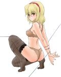 1girl alice_margatroid ass bdsm blonde_hair bondage bound bra brown_bra brown_eyes brown_panties feet female highres kuro_suto_sukii lingerie panties pantyhose piano_wire short_hair solo sweat thighhighs toes touhou underwear underwear_only white_background